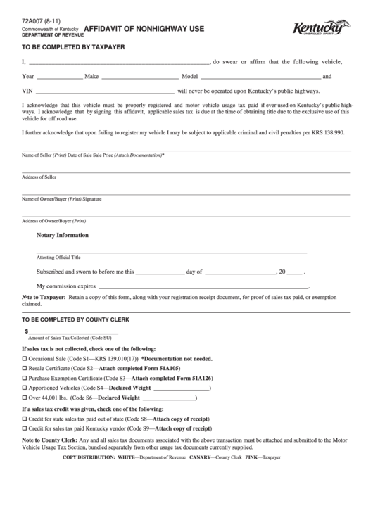 Form 72a007 - Affidavit Of Nonhighway Use Printable pdf