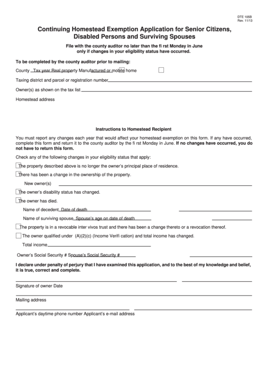 Fillable Form Dte 105b - Continuing Homestead Exemption Application For Senior Citizens, Disabled Persons And Surviving Spouses Printable pdf