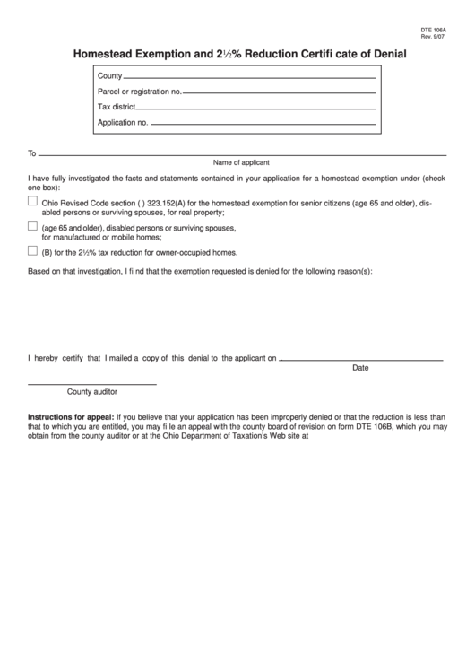 Fillable Form Dte 106a - Homestead Exemption And 22% Reduction Certifi Cate Of Denial Printable pdf
