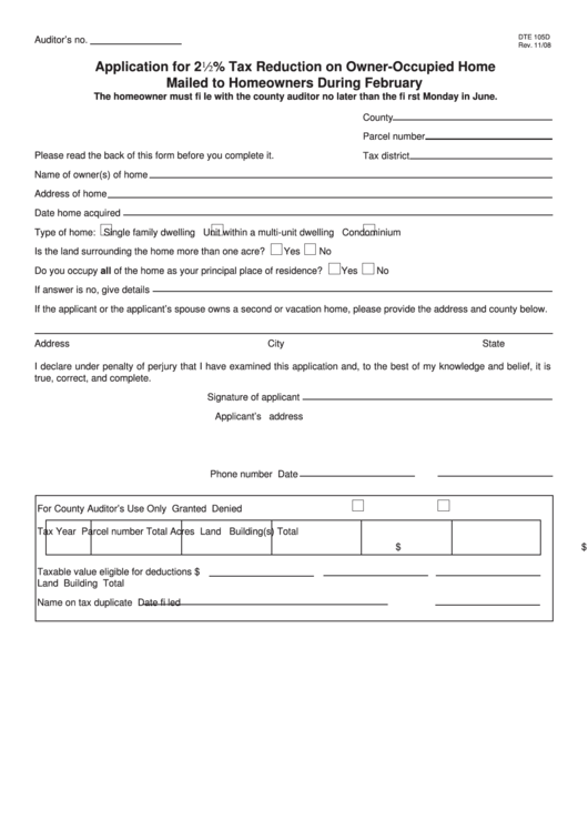 Fillable Form Dte 105d - Application For 22% Tax Reduction On Owner-Occupied Home Mailed To Homeowners During February Printable pdf