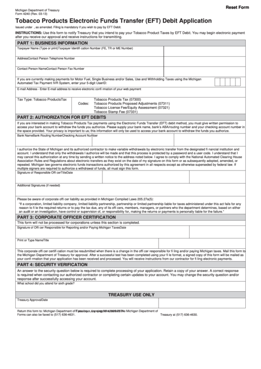 Fillable Form 4240 - Tobacco Products Electronic Funds Transfer (Eft) Debit Application Printable pdf