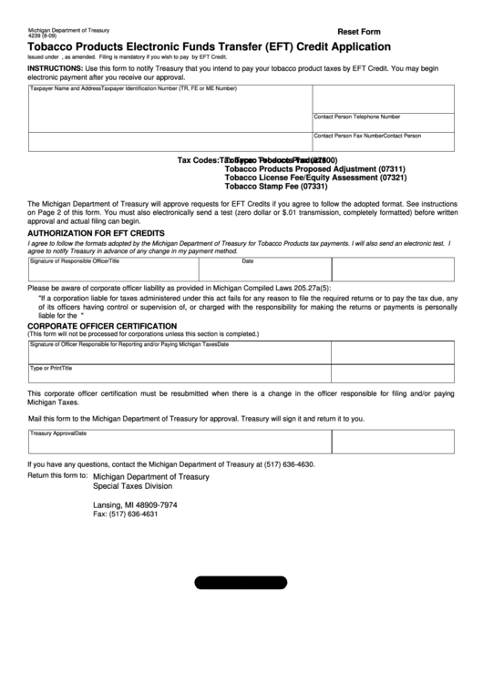 Fillable Form 4239 - Tobacco Products Electronic Funds Transfer (Eft) Credit Application Printable pdf