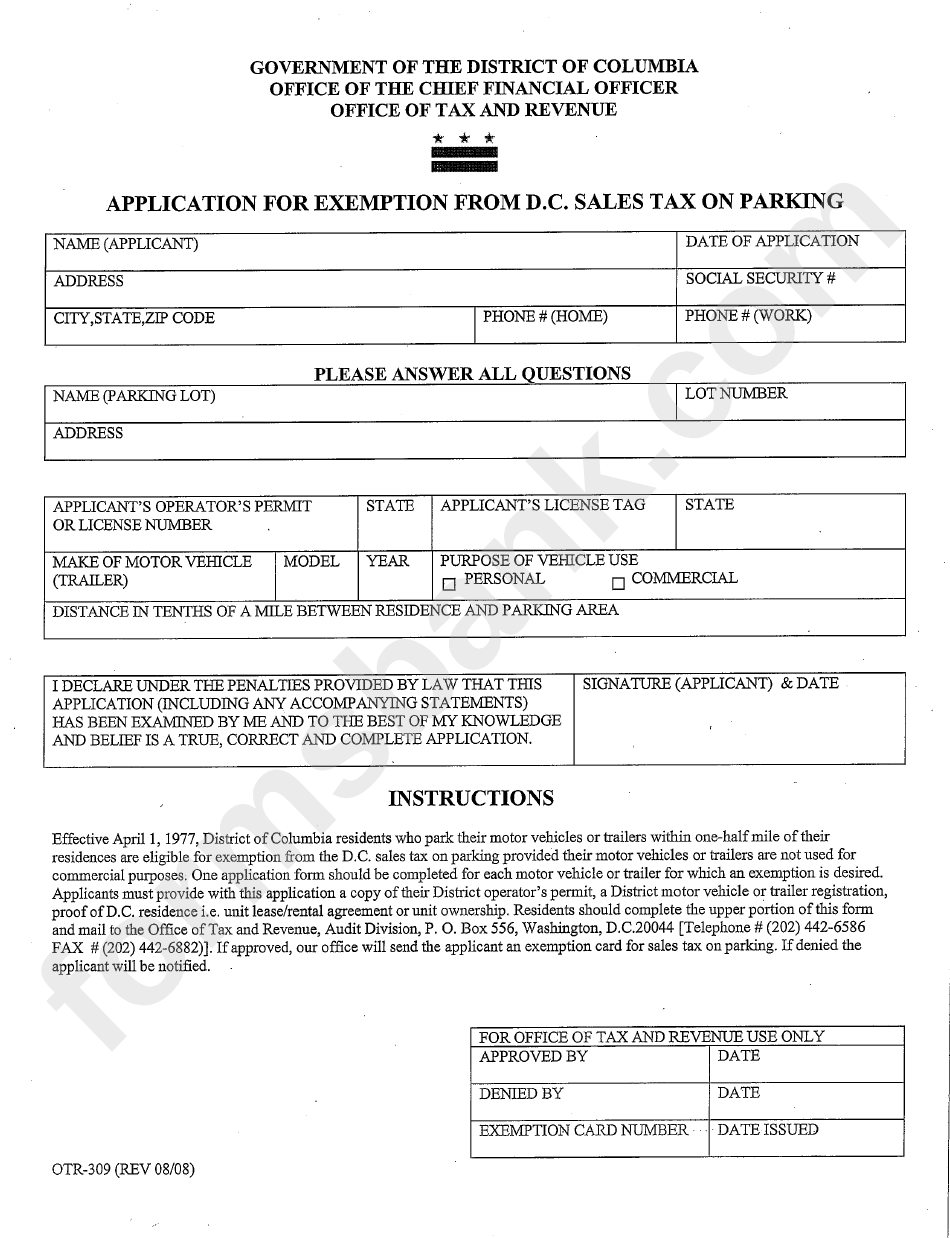 Form Otr-309 - Application For Exemption From D.c. Sales Tax On Parking