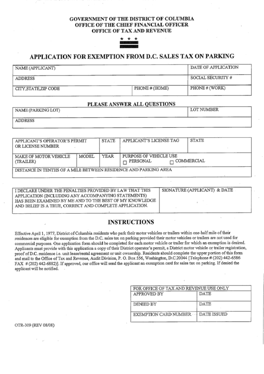 Form Otr-309 - Application For Exemption From D.c. Sales Tax On Parking Printable pdf