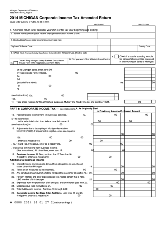 Form 4892 - Michigan Corporate Income Tax Amended Return - 2014 Printable pdf