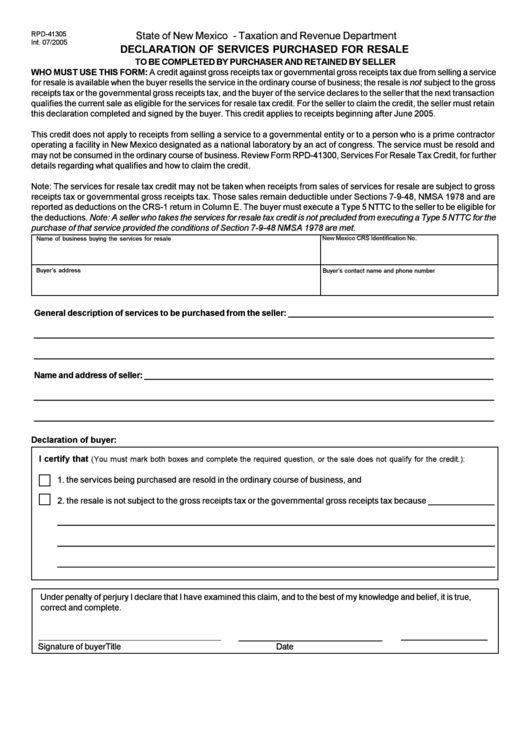 Form Rpd-41305 - Declaration Of Services Purchased For Resale To Be Completed By Purchaser And Retained By Seller Printable pdf