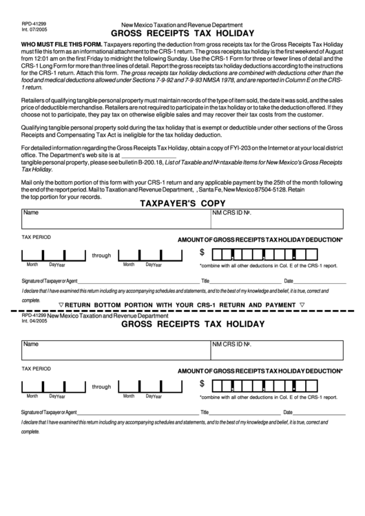 Form Rpd-41299 - Gross Receipts Tax Holiday Printable pdf