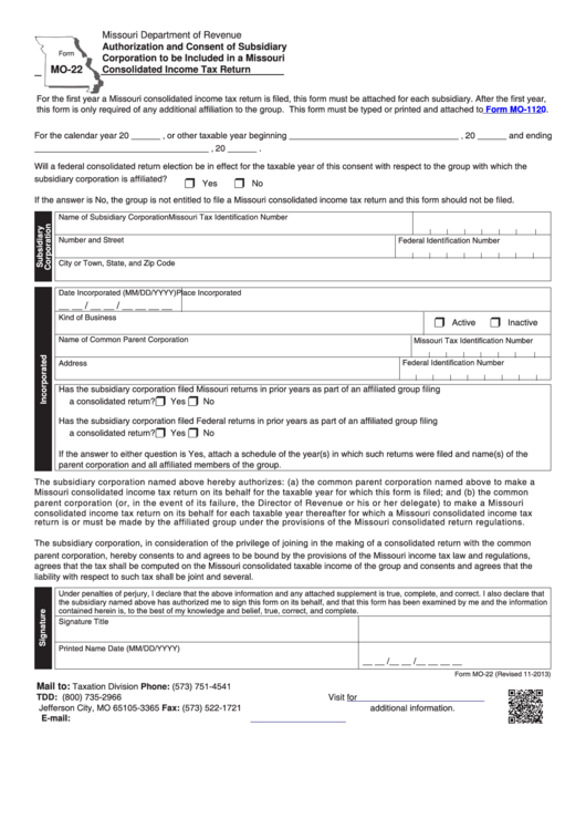 Fillable Form Mo-22 - Authorization And Consent Of Subsidiary Corporation To Be Included In A Missouri Consolidated Income Tax Return Printable pdf