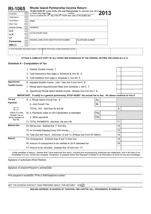 Fillable Form Ri-1065 - Rhode Island Partnership Income Return - 2013 Printable pdf