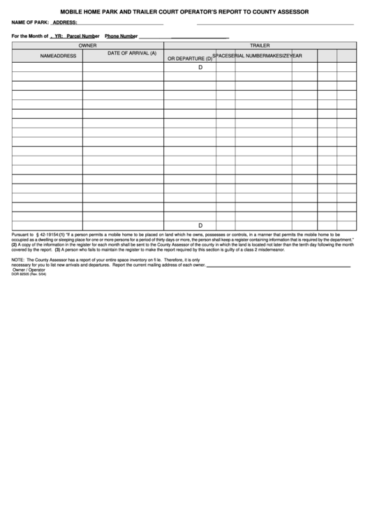 Fillable Form Dor 82505 - Mobile Home Park And Trailer Court Operator