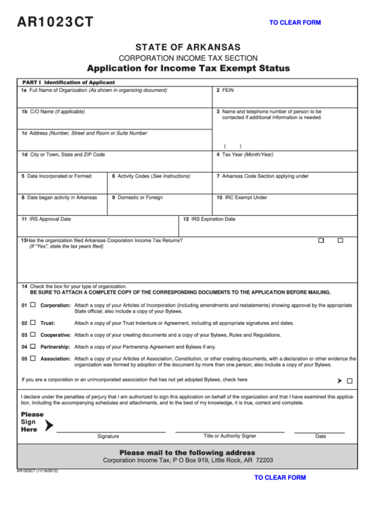 Fillable Form Ar1023ct Arkansas Application For Income Tax Exempt Status Printable Pdf Download 8648