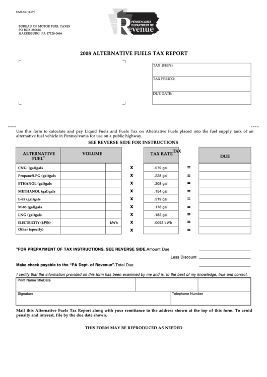 Fillable Form Dmf 94 Alternative Fuels Tax Report 2008 Printable 