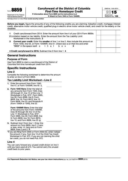 Fillable Form 8859 - Carryforward Of The District Of Columbia First-Time Homebuyer Credit - 2015 Printable pdf