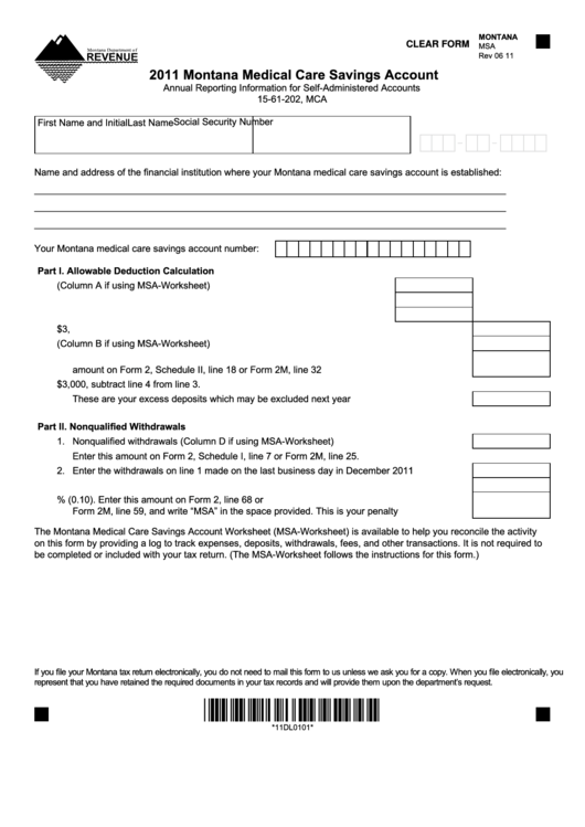 Fillable Form Msa - Montana Medical Care Savings Account - 2011 Printable pdf