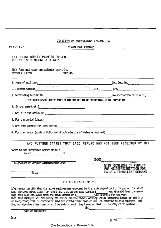 Form R-2 - Claim For Refund - Division Of Youngstown Income Tax Printable pdf