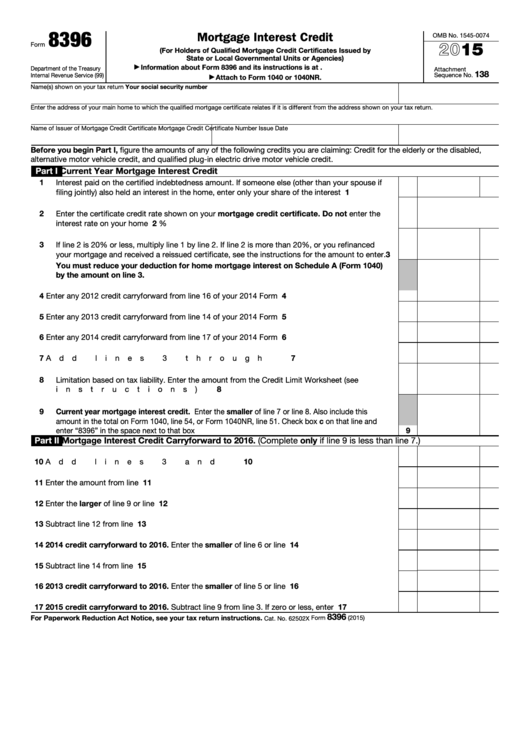 Fillable Form 8396 - Mortgage Interest Credit - 2015 Printable pdf