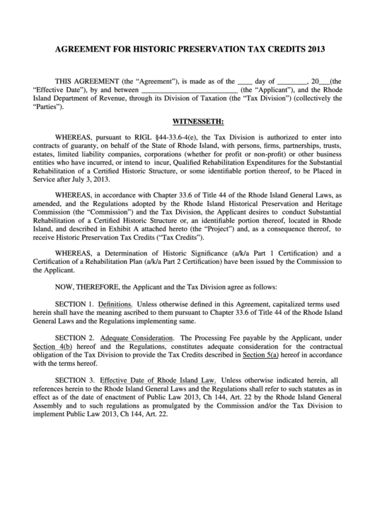 Fillable Rhode Island Agreement For Historic Preservation Tax Credits - 2013 Printable pdf