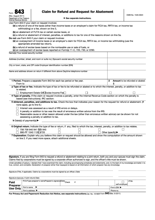 Fillable Form 843 - Claim For Refund And Request For Abatement Printable pdf