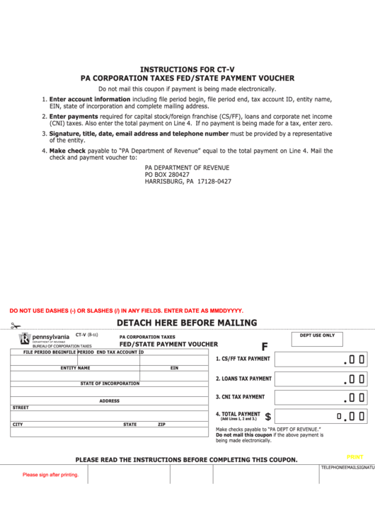 Fillable Form Ct-V - Pennsylvania Fed/state Payment Voucher Printable pdf