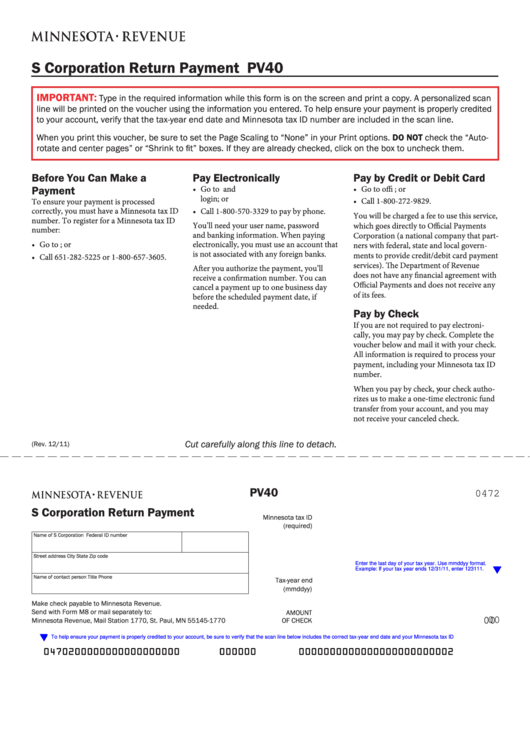 Fillable Form Pv40 - S Corporation Return Payment Printable pdf