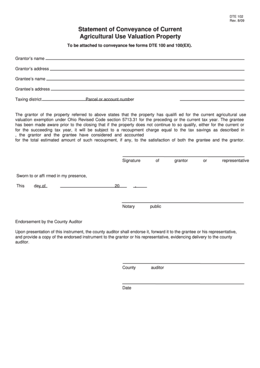 Fillable Form Dte 102 - Statement Of Conveyance Of Current Agricultural Use Valuation Property Printable pdf