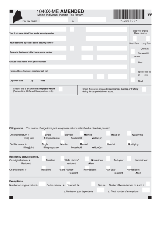 Fillable Form 1040x-Me Amended - Maine Individual Income Tax Return Printable pdf