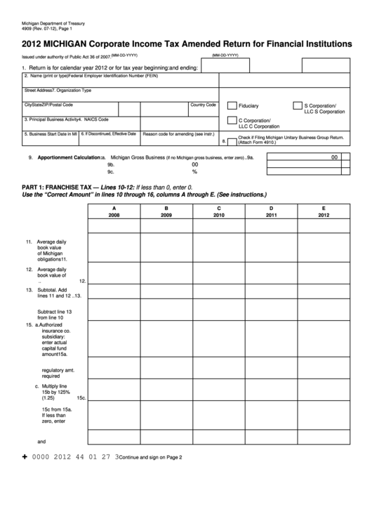 Form 4909 - Michigan Corporate Income Tax Amended Return For Financial Institutions - 2012 Printable pdf