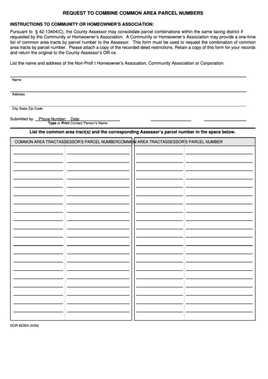 Fillable Form Dor 82354 - Request To Combine Common Area Parcel Numbers Printable pdf