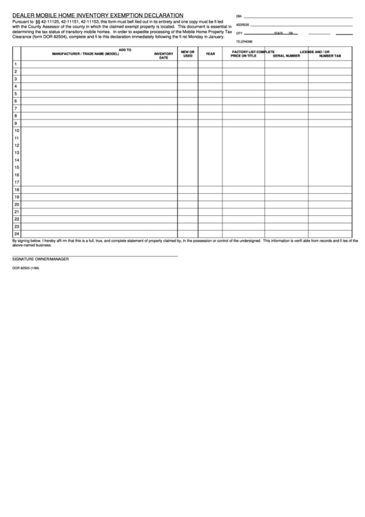 Fillable Form Dor 82503 - Dealer Mobile Home Inventory Exemption Declaration Printable pdf