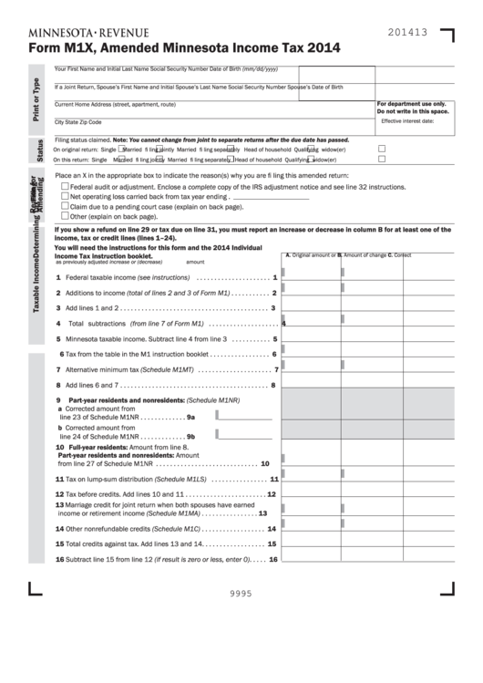 Fillable Form M1x - Minnesota Amended Minnesota Income Tax - 2014 Printable pdf
