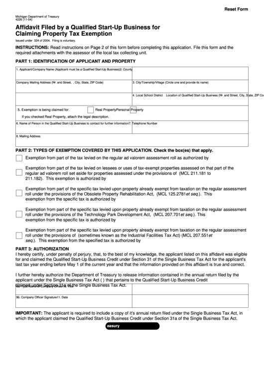 Fillable Form 4226 - Affidavit Filed By A Qualified Start-Up Business For Claiming Property Tax Exemption Printable pdf