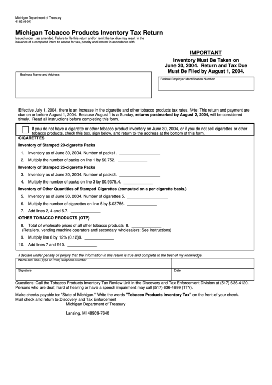 Fillable Form 4182 - Michigan Tobacco Products Inventory Tax Return Printable pdf