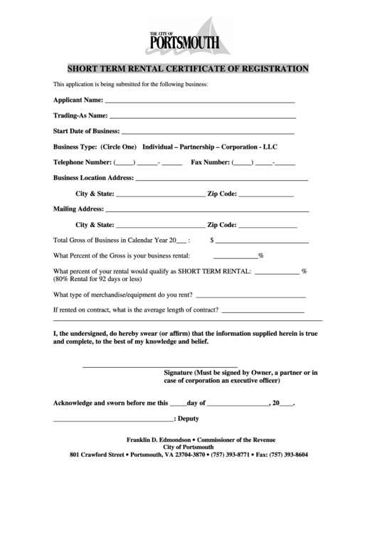 Short Term Rental Certificate Of Registration - The City Of Portsmouth Printable pdf