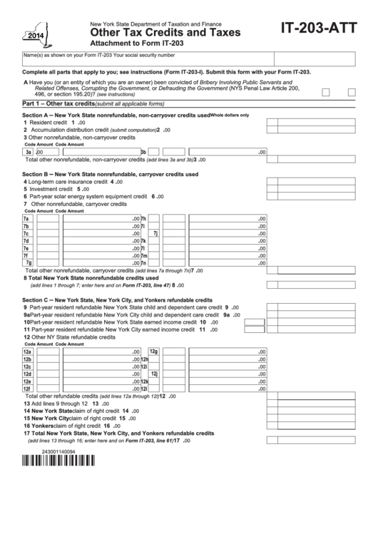 Fillable Form It-203-Att - New York Other Tax Credits And Taxes - 2014 Printable pdf