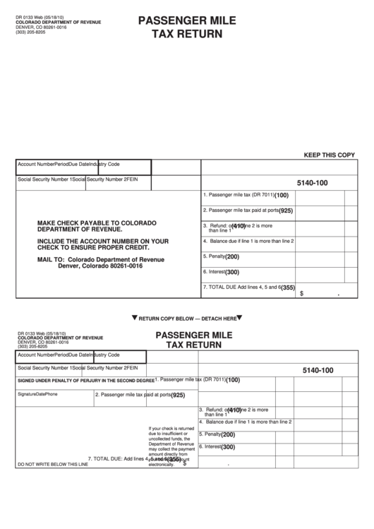 Fillable Form Dr 0133 Web - Passenger Mile Tax Return Printable pdf