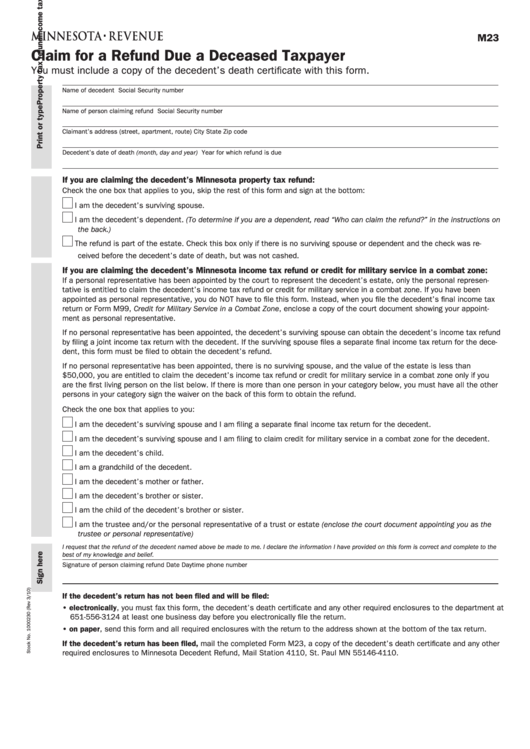 Fillable Form M23 Minnesota Claim For A Refund Due A Deceased