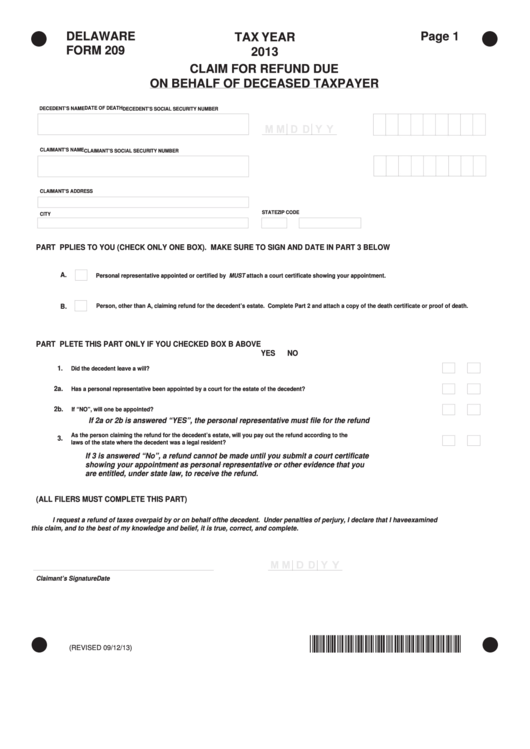 Fillable Form 209 - Claim For Refund Due On Behalf Of Deceased Taxpayer - 2013 Printable pdf
