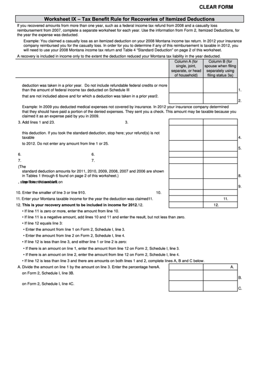 Fillable Worksheet Ix - Tax Benefit Rule For Recoveries Of Itemized Deductions Printable pdf