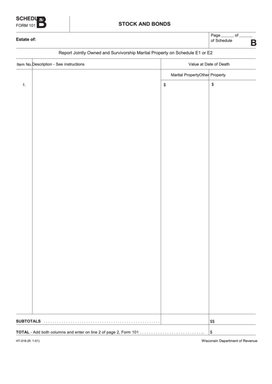 Schedule B (Form 101) - Wisconsin Stock And Bonds Printable pdf