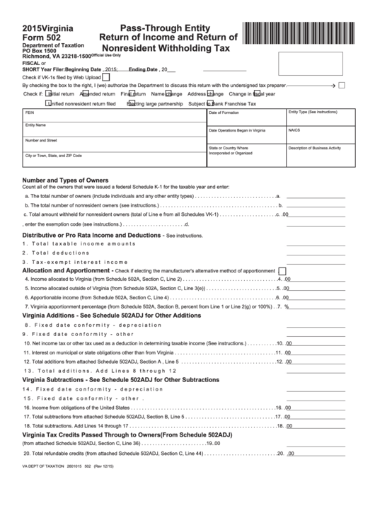 Fillable Form 502 - Virginia Pass-Through Entity Return Of Income And Return Of Nonresident Withholding Tax - 2015 Printable pdf