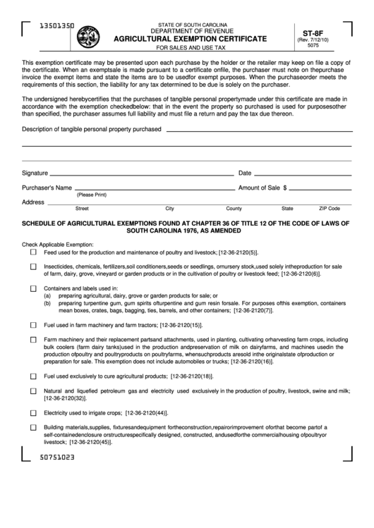 Form St-8f - Agricultural Exemption Certificate Printable pdf