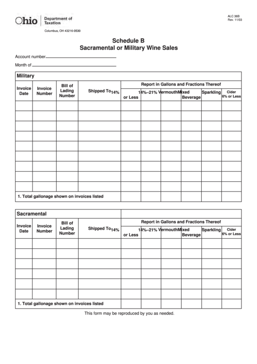 Fillable Form Alc 36b (Schedule B) - Sacramental Or Military Wine Sales Printable pdf
