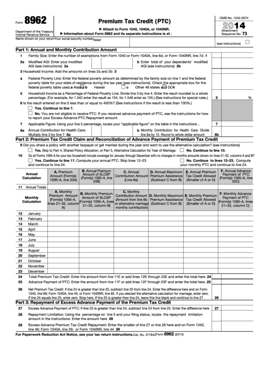 Fillable Form 8962 - Premium Tax Credit (Ptc) - 2014 Printable pdf