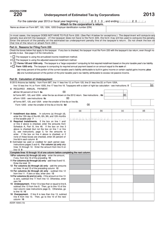 Fillable Arizona Form 220 - Underpayment Of Estimated Tax By Corporations - 2013 Printable pdf