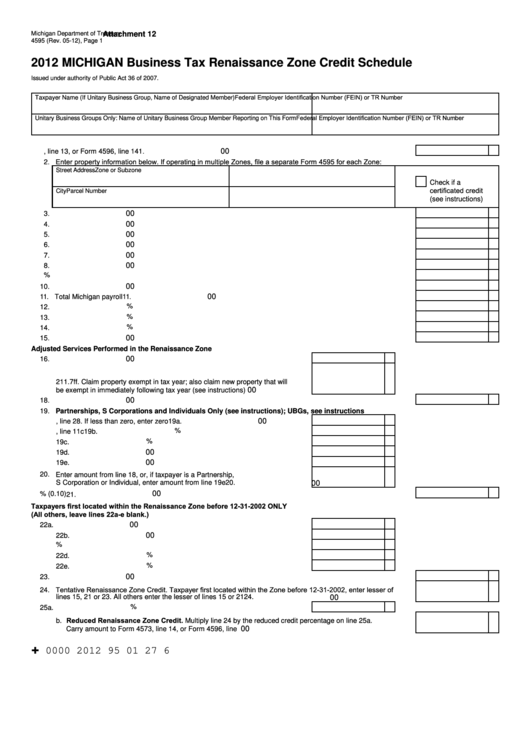 Form 4595 - Michigan Business Tax Renaissance Zone Credit Schedule - 2012 Printable pdf