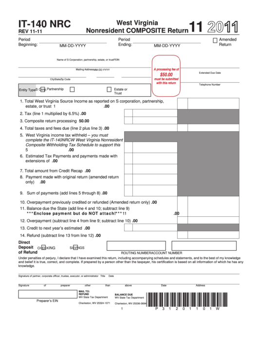 Form It-140 Nrc - West Virginia Nonresident Composite Return - 2011 Printable pdf