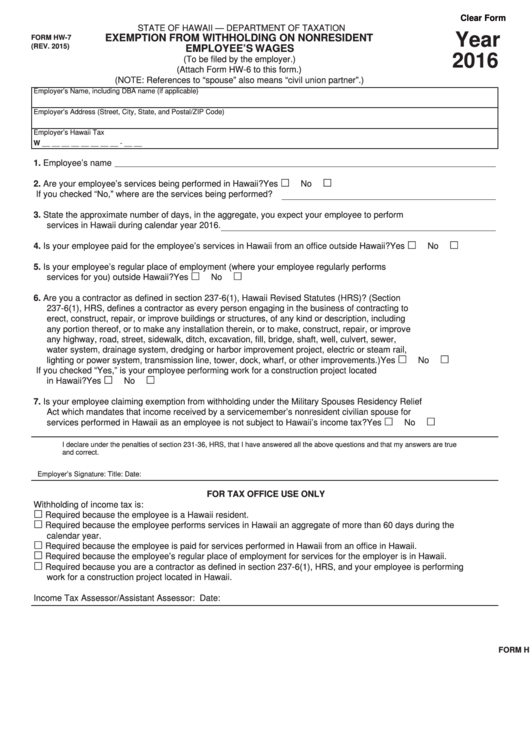 Form Hw-7 - Exemption From Withholding On Nonresident Employee's Wages - 2016