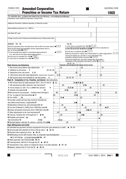 Fillable Form 100x - California Amended Corporation Franchise Or Income Tax Return Printable pdf