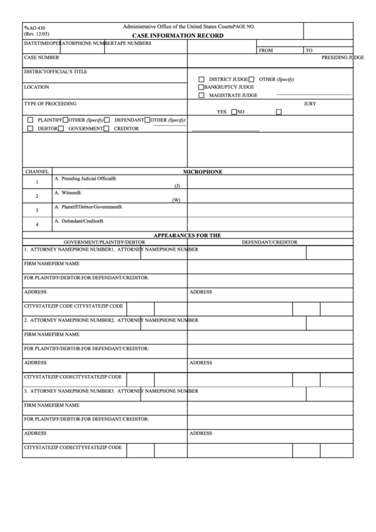 Fillable Form Ao 430 - Case Information Record - Administrative Office Of The United States Courts Printable pdf