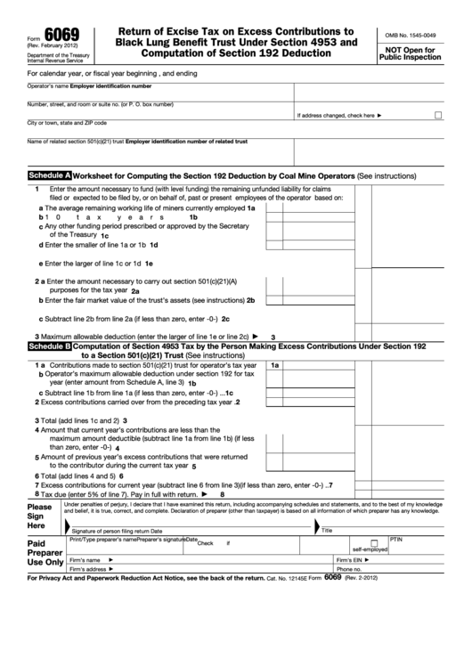 Fillable Form 6069 - Return Of Excise Tax On Excess Contributions To Black Lung Benefit Trust Under Section 4953 And Computation Of Section 192 Deduction Printable pdf